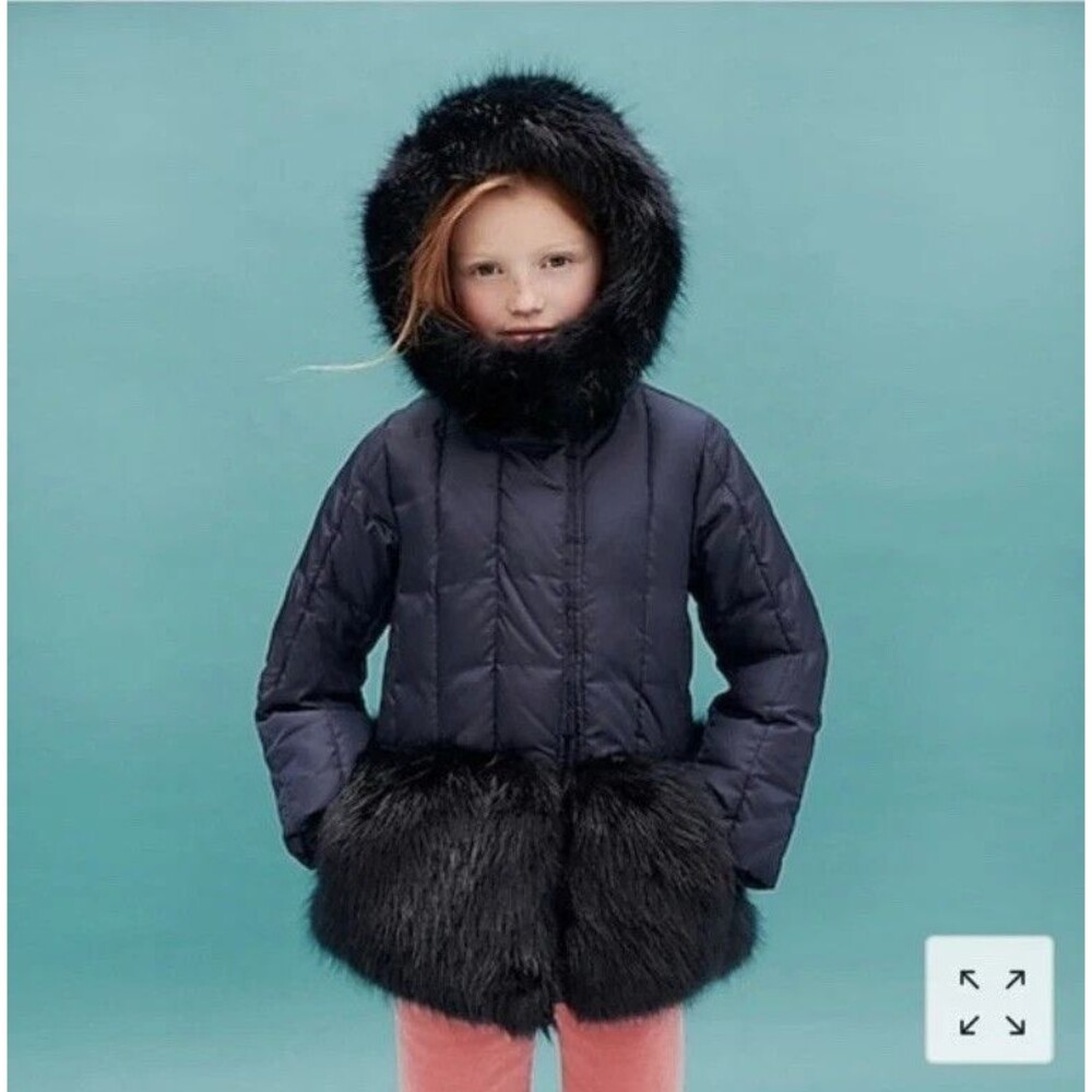 CrewCuts Navy Blue Girls 4/5 Puffer Coat Faux Fur Warm Fleece Lined Hood